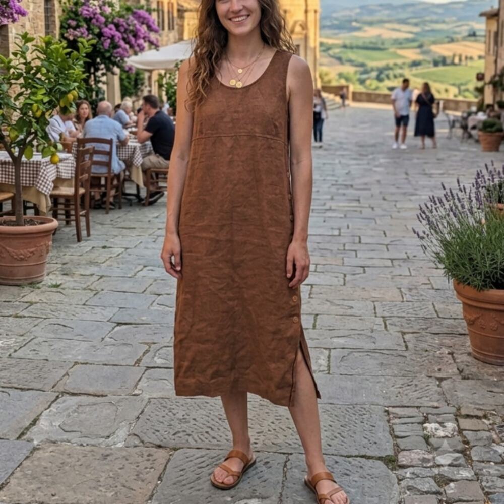 Vintage 90s Brown 100% Linen Tank Midi Dress Talbots Petites Size 10